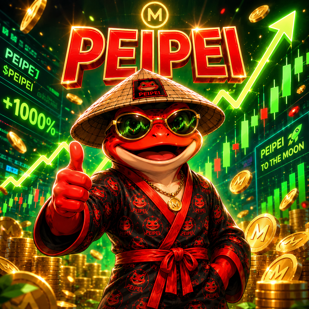 Red PeiPei frog with sunglasses and green market charts